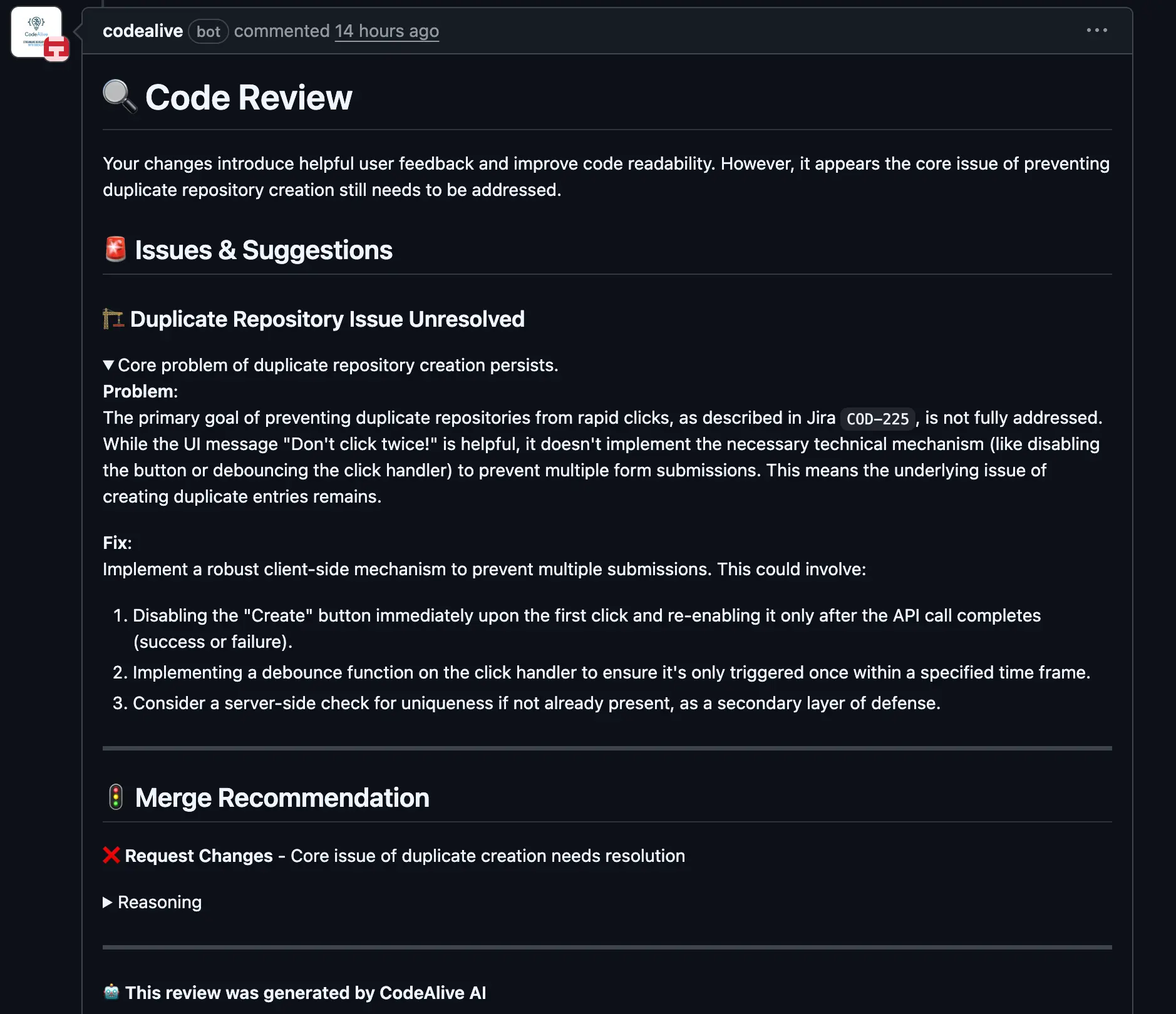 Duplication detection alert showing an existing similar implementation in the codebase